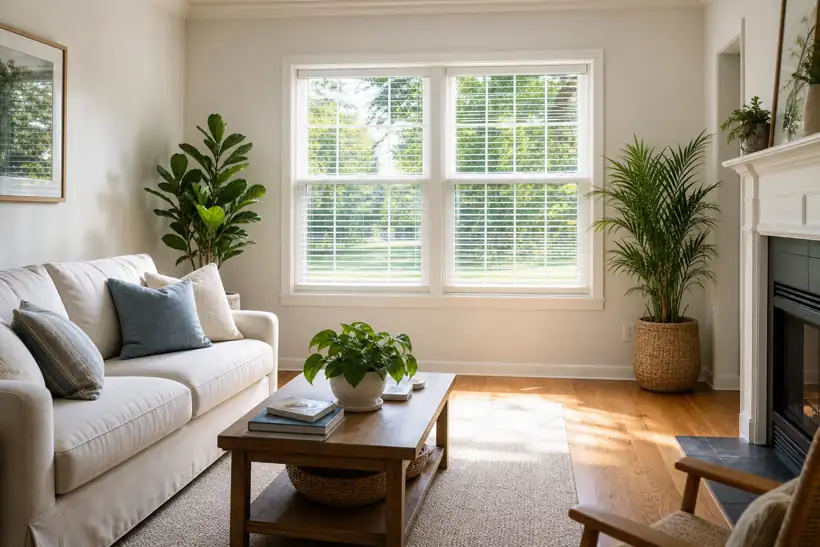 Bright, healthy Chicago living room with houseplants and fresh air