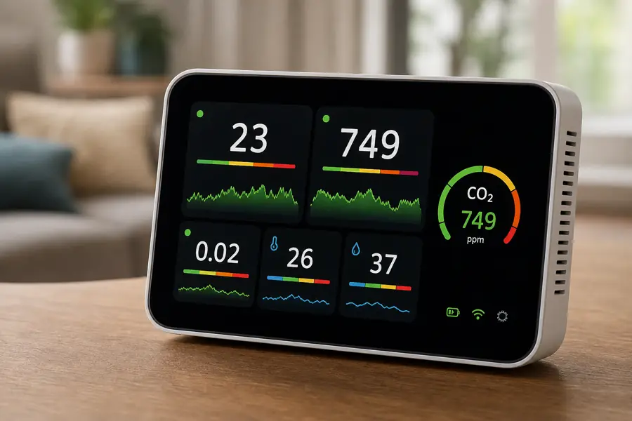 Indoor air quality monitor measuring particulates and humidity in a home