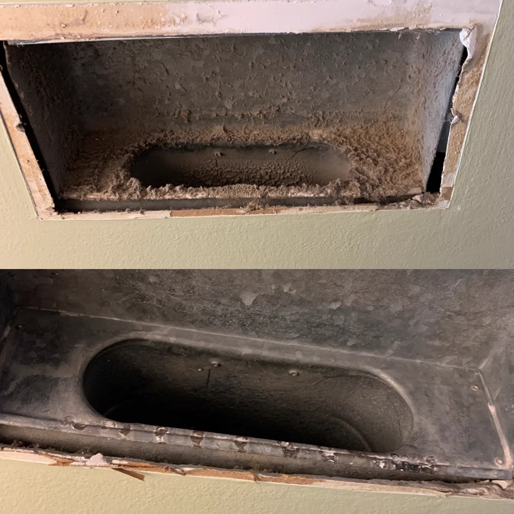 A Cicero home air vent shown before and after professional cleaning
