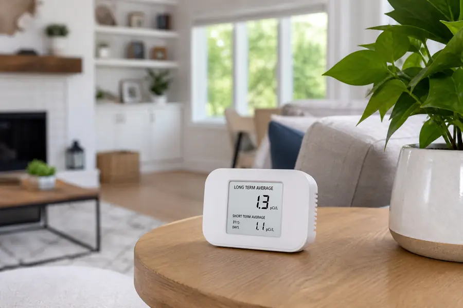 Digital radon monitor measuring radon levels in a Chicago home