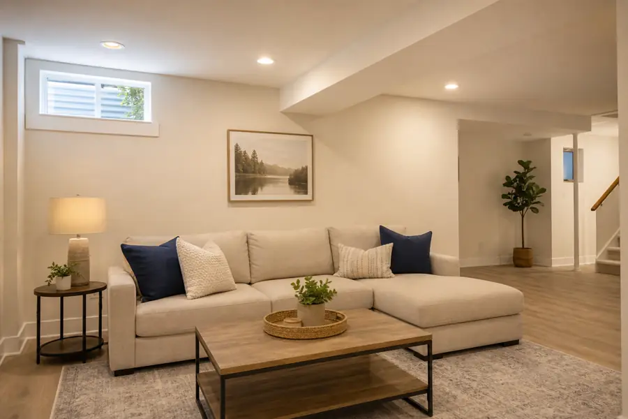 Cozy finished lower-level living area of a Chicago home