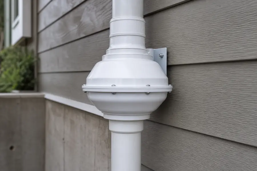 Close-up of a radon mitigation fan on a vent pipe