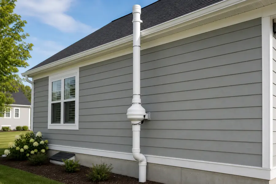 Exterior radon mitigation vent pipe and fan on a Chicago home