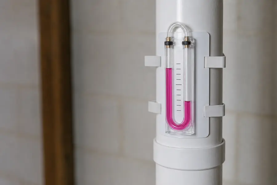 Radon mitigation system manometer gauge confirming the fan is working