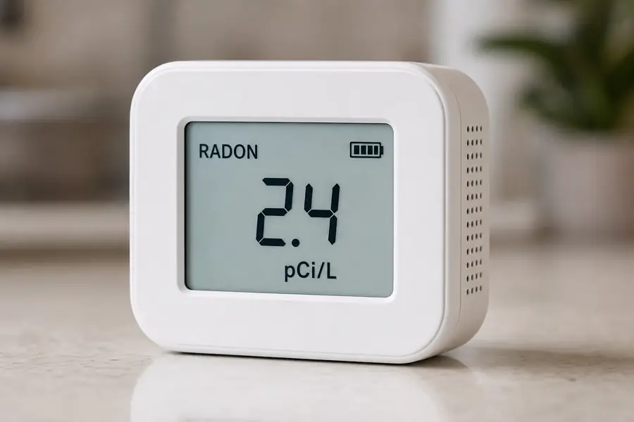 Close-up of a digital radon monitor showing a pCi/L reading