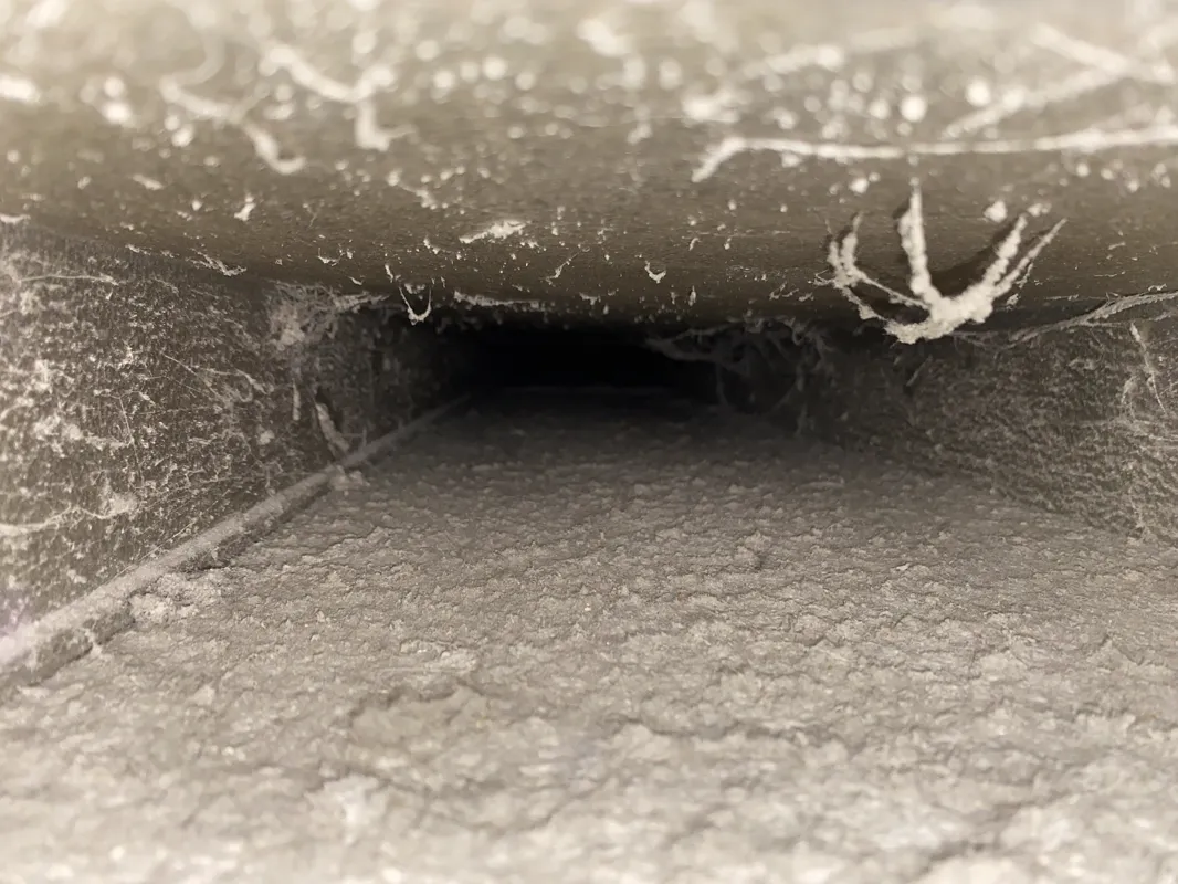 Before: Air duct blocked with debris and cobwebs