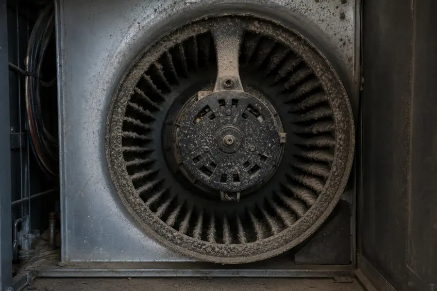 Furnace blower wheel caked in a thick layer of gray dust before cleaning — the source of the burning dust smell on first startup