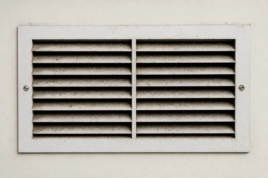 Before: supply air register with dust packed along every louver