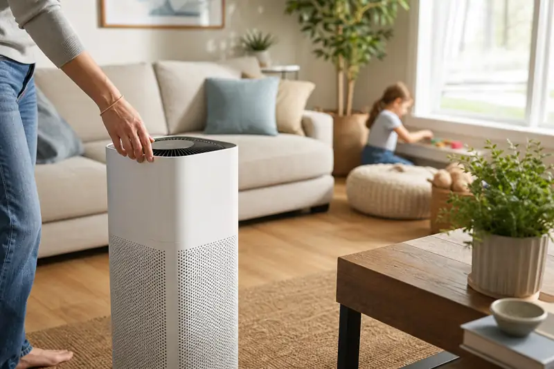 Homeowner using an air purifier in a bright, healthy Chicago living room
